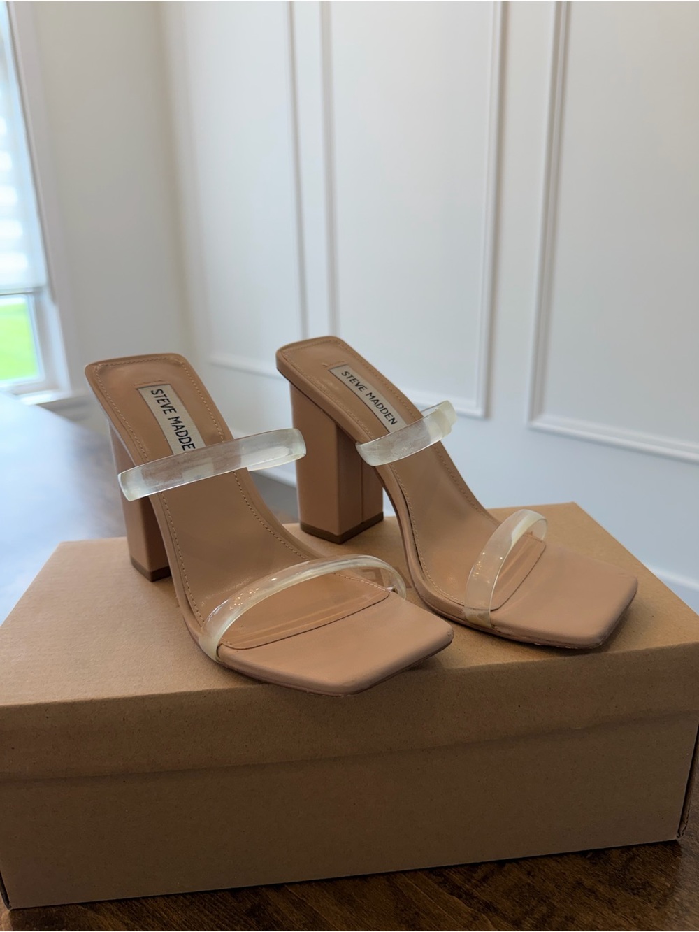Steve Madden Nude Clear-Strap Block Heel Mules